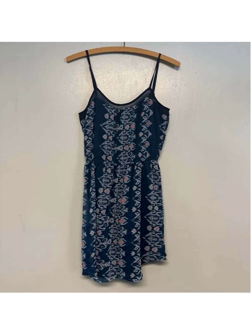 Hollister Blue and White Patterned Mini Dress, Size small boho sheer lined